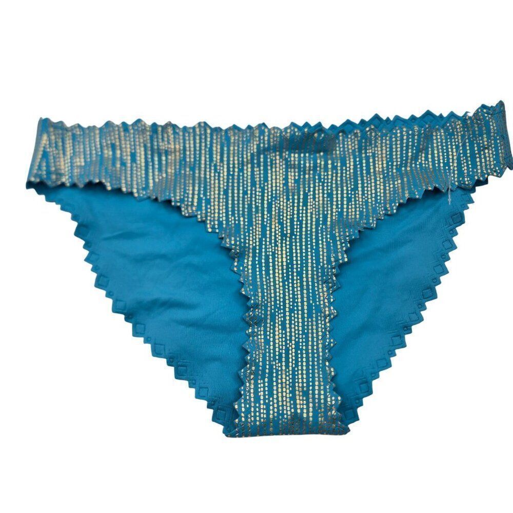 PilyQ Womens S Turquoise Blue Gold Metallic Trim Bikini Bottom NEW Reversible